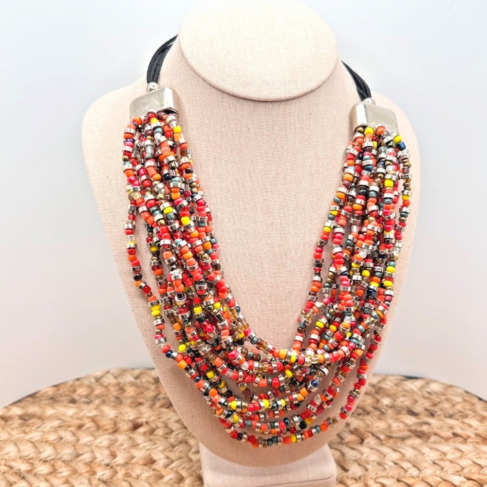 Vintage Artisan 14-Strand Boho Necklace Multicolor Glass Bead Layered Tribal Bib - Picture 2 of 6